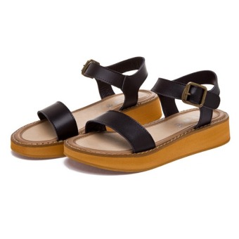2016 Summer Women sandals peep-toe flat Shoes Roman Genuine Leather sandals shoes, Black (Intl)  