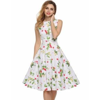 2016 Women Dress Retro Vintage 1950s 60s Rockabilly Floral Swing Summer Dresses Elegant Bow-knot Tunic Vestidos(Cherry White) - intl  