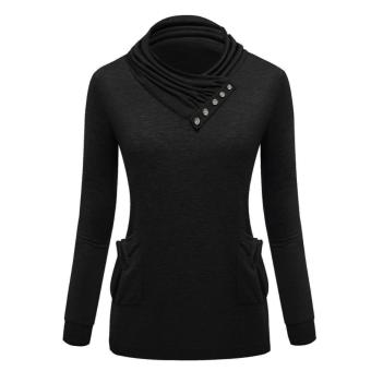 2016 Women Fashion Clothing New Explosion Soft Flexible Big Pockets Sweater Pile Collar Button Decoration Long Sleeve Sweater Dress (Black) - intl  