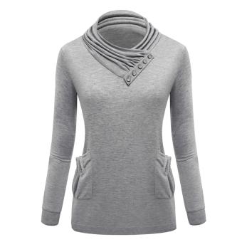 2016 Women Fashion Clothing New Explosion Soft Flexible Big Pockets Sweater Pile Collar Button Decoration Long Sleeve Sweater Dress (Light Grey) - intl  