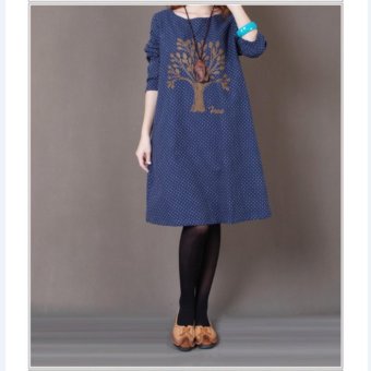 2016New Korean style Top Quality Vestidos Plus Size Vintage Embroidery long sleeve Cotton Dresses Womens Loose Casual Autumn Dress(bluen) - intl  