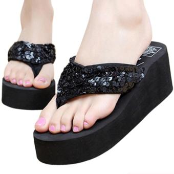 2017 hot sale summer women shoes flipflops thongs sequin eva wedge platform beach sandals-black - intl  