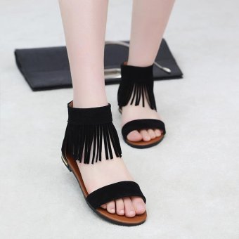 2017 Korean Academy of Summer Flat Bottomed Rome Bag with Zipper Suede Sandals(Black) - intl  