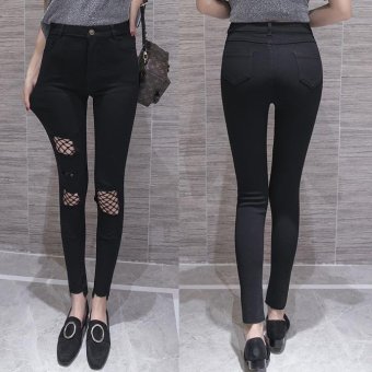 2017 Korean skinny net stitching holes nine pants women's Ripped elastic jeans leggings -Black - intl  