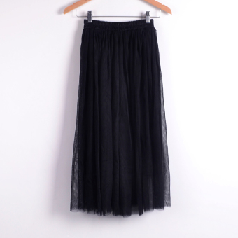 2017 Ladies Elegant Casual Skirt High Waist Pleated Skirt Long Tulle Skirts Straight Skirts Solid Mesh Skater Skirt (Black) - intl  