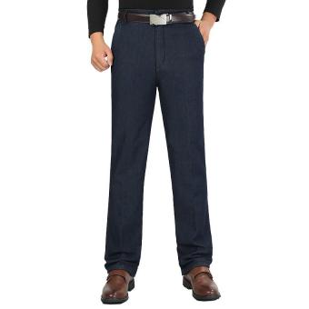 2017 Mens Fall And Winter Fleece Vertical Business Straight Jeans Casual High Waist Elastic Plus The Velvet Long Pants (Dark Blue) - intl  