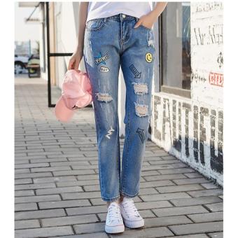 2017 New Denim Women Ripped Jeans Women Girls Slim Blue Jeans Woman Elastic Novelty Print Holes Jean Female Boyfriend Jeans - intl  