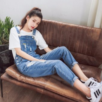 2017 New Female Casual Denim Jumpsuits Ripped Hole Jeans Bleached Washed Romper Korean Style Pants Baggy Jeans Student Denim Trouser - intl  