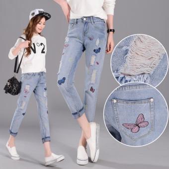 2017 New Women Fashion Butterfly Embroidery Patchwork Jeans Casual Loose Ripped Bleached Washed Denim Pants Cute Pencil Pants Student Pants Trouser - intl  