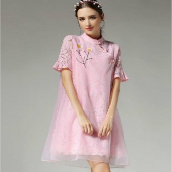 2017 New Women's Fashion Short Sleeve Summer Organza Dress Cheongsam A-Line Dress 2 in 1 Pink - intl  