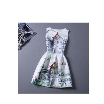 '2017 spring and summer new women''s retro Dream Castle printing Slim Mini dress dress sleeveless vest bottoming a word pompon skirt - intl'  