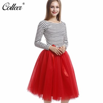 2017 Spring Best Quality 7 Layers Midi Tulle Skirt American Apparel Tutu Skirts Women's Petticoat Elastic Skirt (Red) - intl  