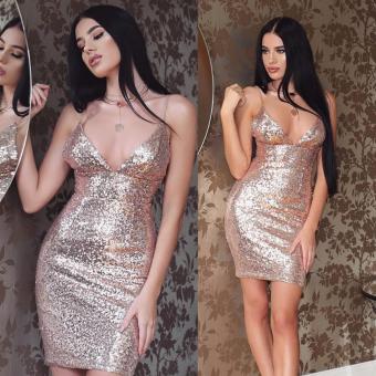 2017 Spring Summer Women's Sexy V-neck Sequined Dress Luxury Bodycon Club Dress Party Dress Mini Dresses Rose Gold - intl  