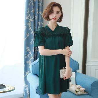 2017 Summer Korea Plus Size New Women Fashion Short-sleeved V-neck Green Loose Sexy Lace Dress Casual Dress Vestidos 1012# L-5XL - intl  