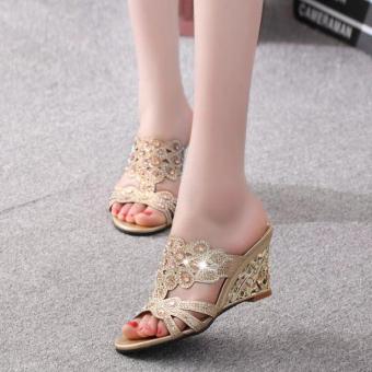 2017 Summer Wedges Sandals Shoes Rhinestone Cut Out Slipper Fashion Ladies Woman Sandals Gold Color - intl  