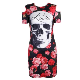 2017 Women O Neck Short Sleeve Skeleton Skull Print Mini A-line Dress (S) - intl  