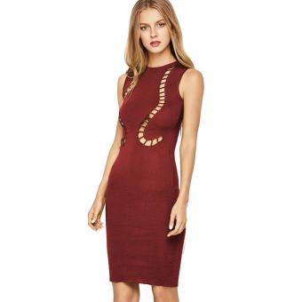 2017 Women Summer Hollow out A line Bodycon O Neck Dresses Ladies Slim Casual Office Elegant Sleeveless Dress Free Size WQ0972 Wine - intl  