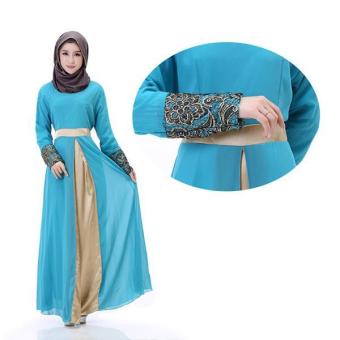 2017 Women's Chiffon Lace Islamic Muslim Wear Dress Baju Kurung Arab Loose-fitting Clothing Wear Special for Ramadan (Light Blue) - intl  