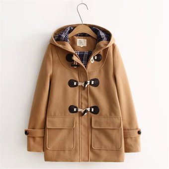 2107 New Women Woolen Coat Korea College Wind Long Section wool coat Loose Solid Color Hooded Horn Button Woolen Coat S(Khaki) - intl  