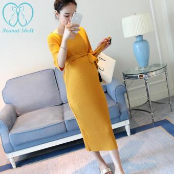 2116# V Neck Half Sleeve Maternity Long Dress with Belt Spring Autumn Maternity Clothes for Pregnant Women Pregnancy Dress-Yellow - intl  