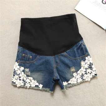 809# Lace Decorate Dark Blue Elastic Waist Maternity Belly Shorts Clothes for Pregnant Women Summer Pregnancy Short Jeans - intl  