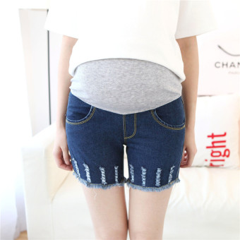 885# Trimmings Hole Personality Flash Abdominal Denim Maternity Shorts Summer Fashion Dark Blue Denim Pregnancy Short Jeans - intl  