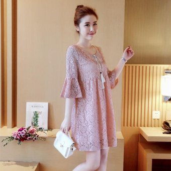 9017# Ruffle Half Sleeve Ties Waist Lace Maternity Dress Summer Fashion Clothes for Pregnant Women Sweet Pregnancy Clothing- Pink - intl  