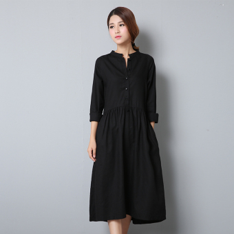 9120# Cotton Linen Long Skirt Maternity Dress Spring Summer Office Lady's Clothes for Pregnant Women Pleated Pregnancy Clothing-Black - intl  