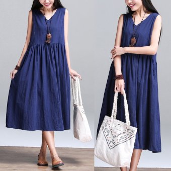 958# Summer V Neck Loose Cotton Linen Sleeveless Maternity Dress Plus Size Loose Pleated Waist Clothes for Pregnant Women-Dark Blue - intl  