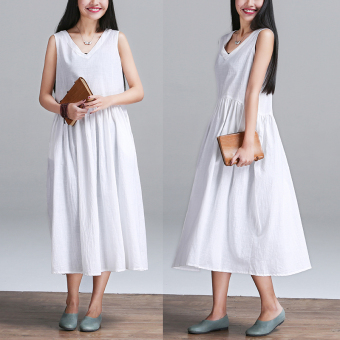 958# Summer V Neck Loose Cotton Linen Sleeveless Maternity Dress Plus Size Loose Pleated Waist Clothes for Pregnant Women-White - intl  