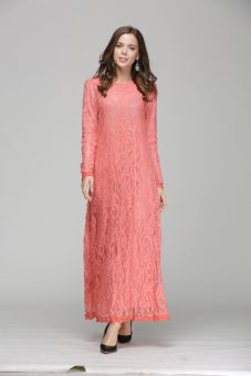 AGAPEON Abaya Long Sleeves Muslim Wear Chiffon Maxi Dress With Full Lace(Pink) - intl  