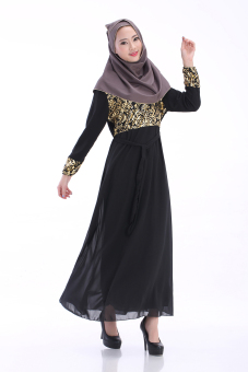 AGAPEON AGAPEON Muslim Abaya Long-Sleeve Chiffon Maxi Dress Jubahs With Printing Black - intl  