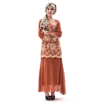 AGAPEON Muslim Abaya Long-Sleeve Chiffon Maxi Dress Jubahs With Lacework Brown - intl  