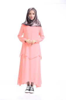 AGAPEON Muslim Abaya Long-Sleeve Chiffon Maxi Dress Jubahs Loose-fit Pink - intl  