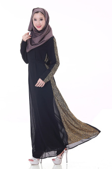 Agapeon New Fashion Muslim Abaya Long-Sleeve Chiffon Maxi Dress Jubahs Golden Printing Black  