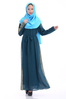 Agapeon New Fashion Muslim Abaya Long-Sleeve Chiffon Maxi Dress Jubahs Golden Printing Dark Green  