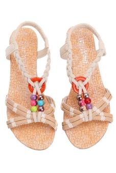 Ai Home Bohemia Manik-Manik Berwarna-Warni sandal jepit sandal pantai datar Sepatu (Krem)  