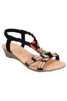 Ai Home Bohemia Sandals Colorful Beads Flats Flip Flops Beach Shoes (Black)  
