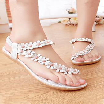 Ai Home Hot Penjualan Sandal Kasual Musim Panas Wanita Bohemia Toepost datar Bunga Sepatu Putih  
