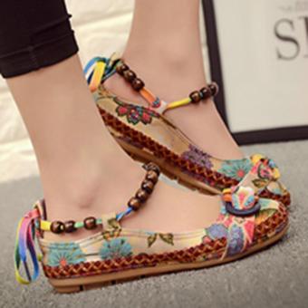 Ai Home Women Beading Round Toe Embroidered Shoes Lace Up Colorful Casual Flats Shoes 35 - intl  