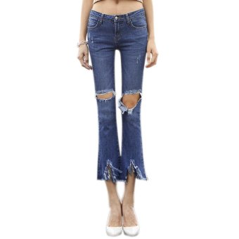 Amart Fashion Women Low Waist Jeans Hole Skinny Elastic Pants Denim Ripped Bell-bottom Trousers - intl  