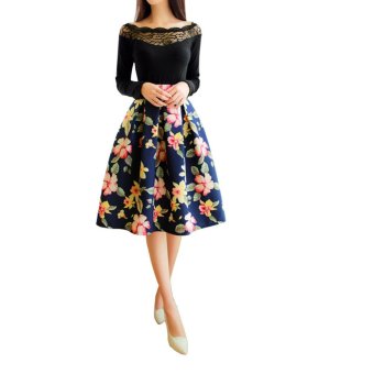 Amart Gaun Musim Panas Fashion Wanita Vintage rok sepinggang Bermotif Bunga  