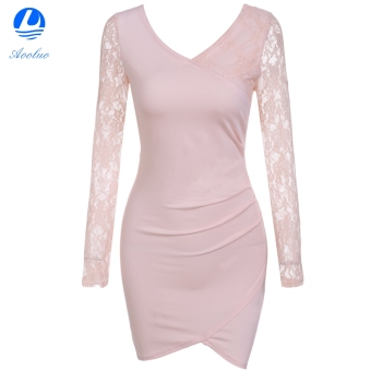 Aooluo 2016 New Fashion Women V-Neck Sexy Lace Patchwork Dress (Pink) - intl  