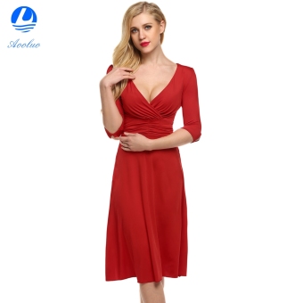 Aooluo 2016 New Women Fashion Sexy V-Neck Half Sleeve High Waist Solid Stretch Draped A-Line Long Dress (Red) - intl  