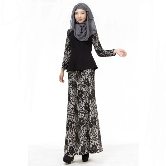 Aooluo 2016 Summer Fashion Muslim Women's Polyester(95%)+Spandex(5%) Lace Slim Casual Top and Dress Suit Black - intl  