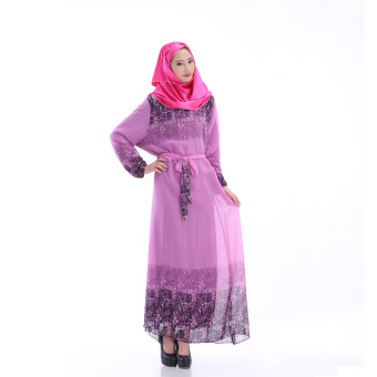 Aooluo Chffon O-Neck Long Sleeve Printing Summer Dress for Muslim Women (Purple)  