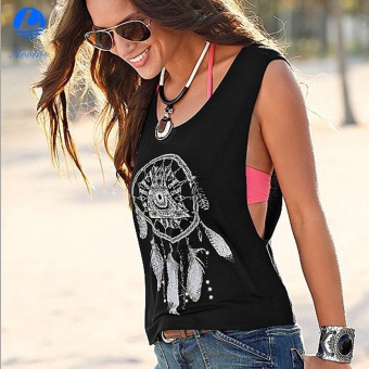 Aooluo New Fashion Women Sleeveless Print Tank Tops Casual Sports Basic Slim Tops Polyester (Black) - intl  