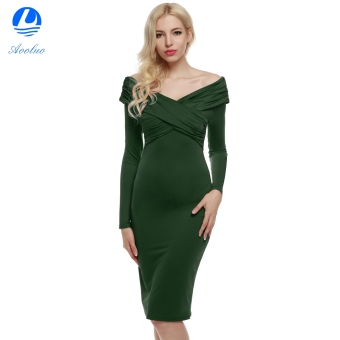 Aooluo Women's Long Sleeve Retro V-Neck Long Sleeve Cross Wrap Ruched Dress (Green) - intl  