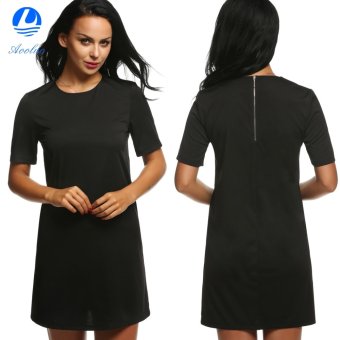 Aooluo Women's Short Sleeve Loose Dress Casual O-Neck Solid Straight Mini Dress (Black) - intl  