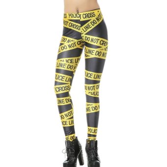 AOXINDA New Printed Fashionable Women's Yellow PoliceTape Printing Leggings Women's Pencil Pants Size M  